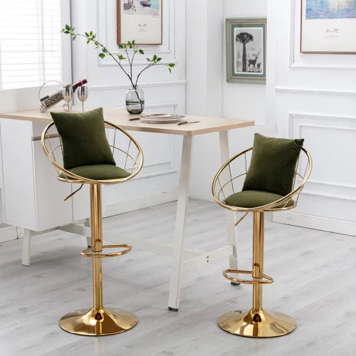 Velvet Bar Stools Set of 2 Adjustable Counter Stools Barstools with Back and Footrest Modern Pure Gold Plated 360 degree Rotation Bar Chairs for Kitchen Bistro Pub Dining Room, Green