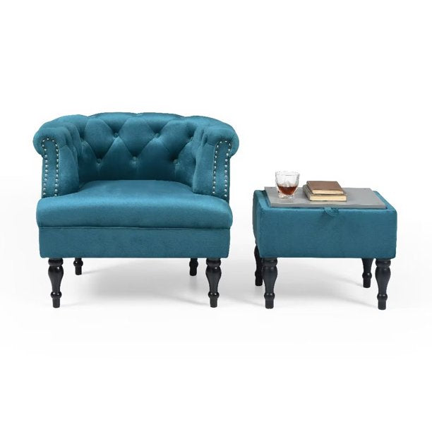 Modern Velvet Accent Chair with Storage Ottoman, Button Tufted Sofa Chairs Armchair with Nailhead Trim & Solid Wood Legs, Upholstered Lounge Chair Reading chair for Living Room Bedroom, Teal