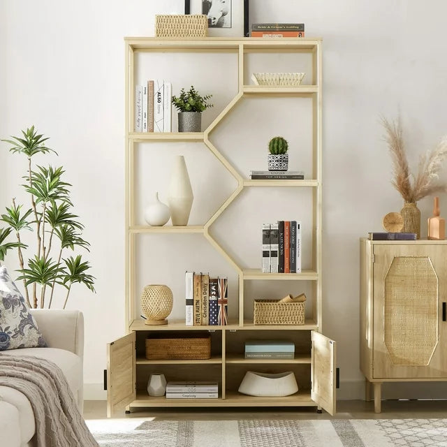 Rattan Bookshelf, 5 tier Open Bookcase Shelf Storage Rack with Cabinet, Bohemian Tall Book Shelf Display Shelf with Matte Metal Frame & Adjustable Foot Pads for Living Room, Study, Bedroom, Natural