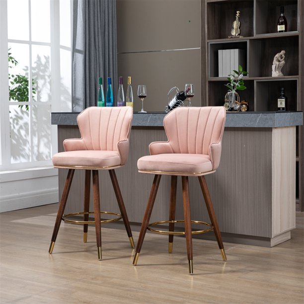 Swivel Bar Stools Set of 2, 360° Swivel Counter Height Barstools with Tufted Backrest, Golden Stripe and Footrest, 27.9 Inch Modern Upholstered Bar Chairs for Home Kitchen Island, Pink