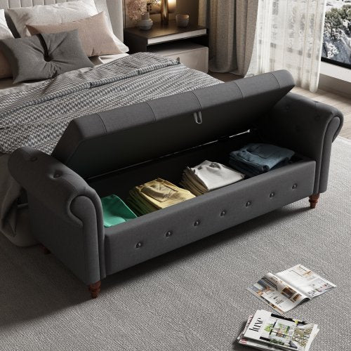 63" Tufted Bed Bench with Storage,Upholstered Storage Ottoman with Rolled Arm and Solid Wood Legs,End of Bed Bench for Living Room,Bedroom, Entryway