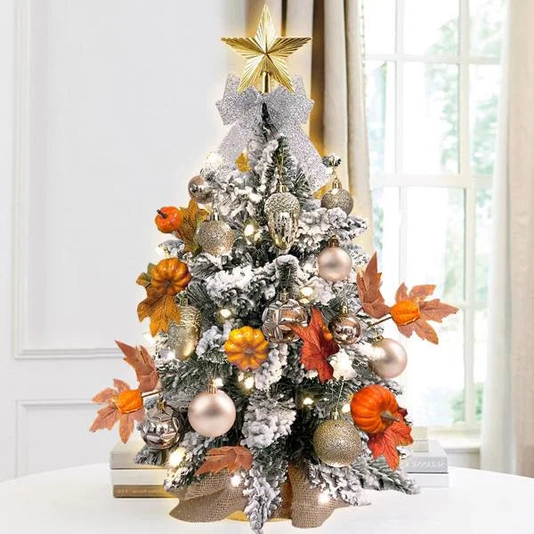 Tabletop Christmas Tree 2FT Small Mini Christmas Tree for Table Top, Artificial Snow Flocked Arbol de Navidad with Xmas Ornaments, Christmas Decorations for Home Office Apartment-Orange