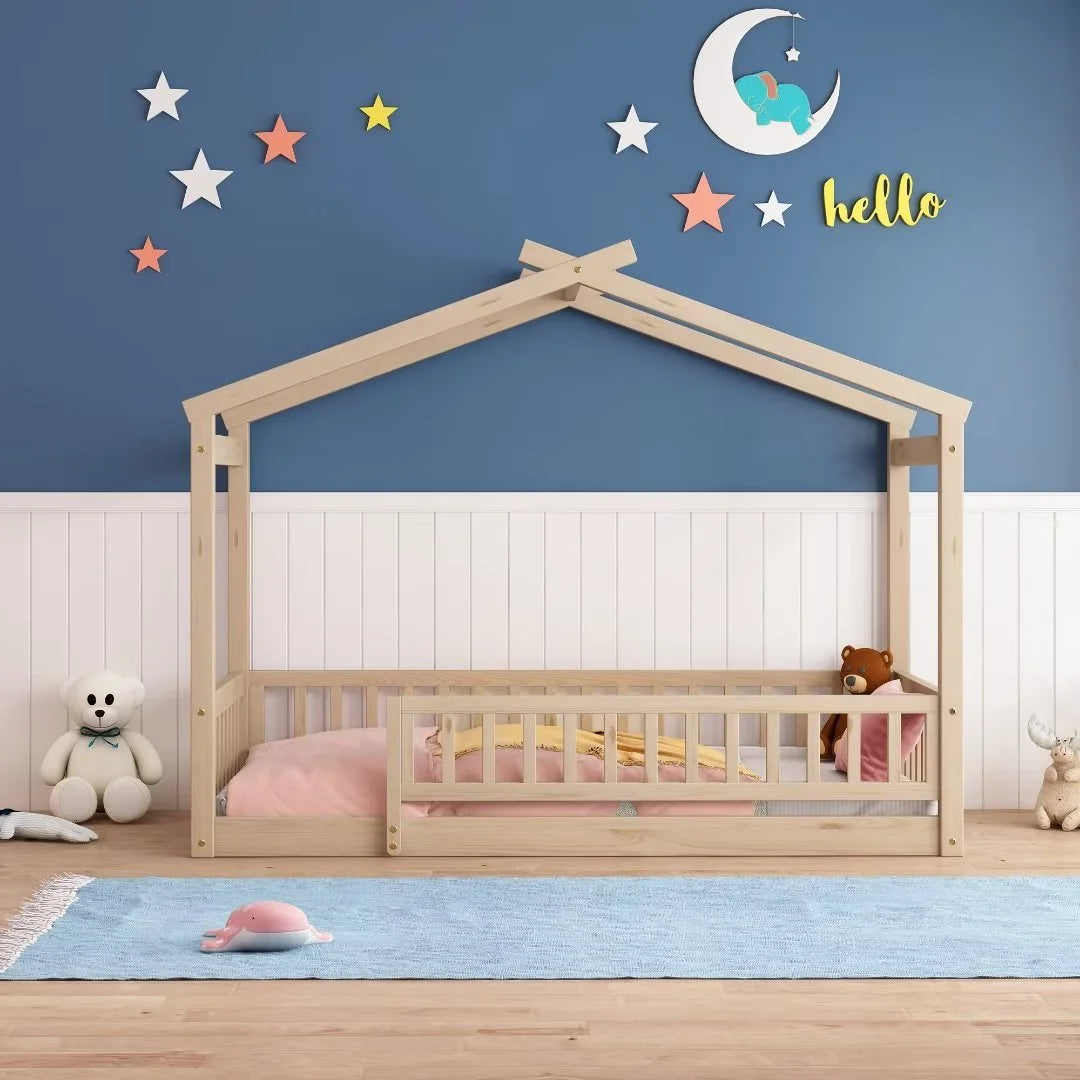 Twin Size House Bed, Wood Floor Bed with Fence and Roof, Montessori Bed Playhouse Bed Toddler Bed Frame for Kids Girls and Boys, Natural
