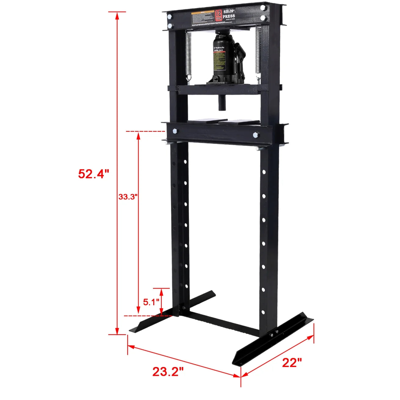 Hydraulic Shop Press, 12-Ton Capacity Bearing Press with Press Plates, H-Frame Garage Floor Press, Adjustable Working Table Height, Black