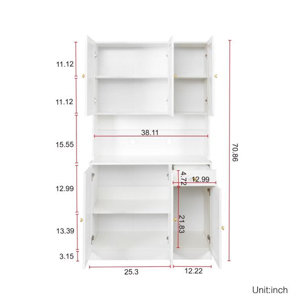 Freestanding Kitchen Pantry Cabinet Cupboard with 6 Doors, 1 Shelf and 1 Drawer, Wardrobe & Kitchen Cabinet, Craft Storage Cabinet for Bedroom Entryway Kitchen, 39.37”W x 15.35” D x 70.87”H, White