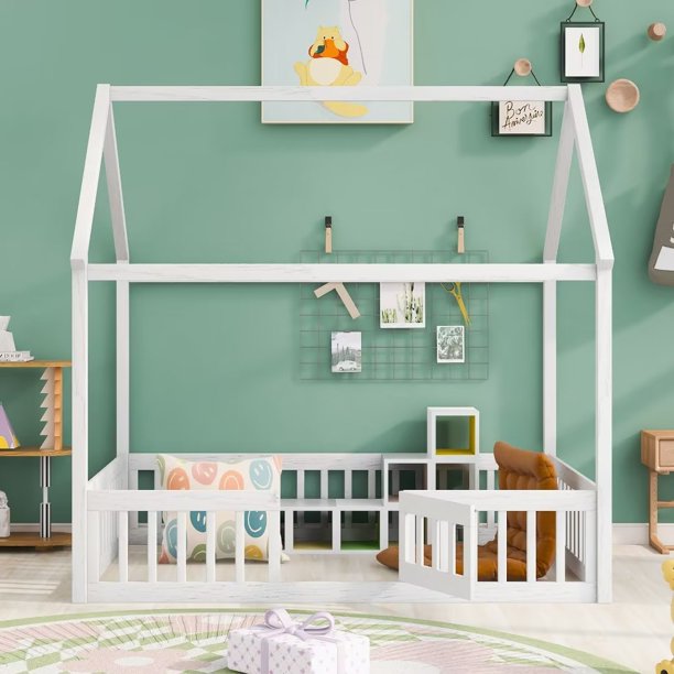 Full Size Floor Bed, Wood House Bed with Safety Fence and Door, Montessori Floor Bed with Roof, Floor Bed Frame for Children Boys and Girls, White