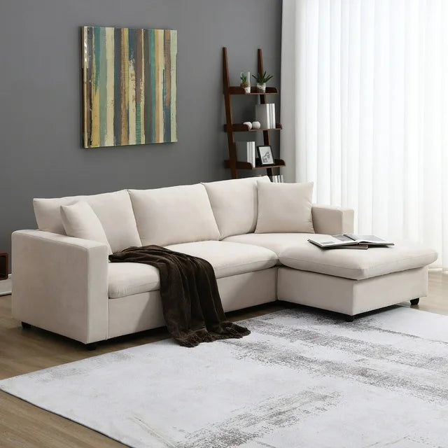 100" L-Shaped Modern Deep Sectional Sofa Couch, Comfy 3 Seats Sectional Sofa with Chaise Ottoman, Polyester Fabric Cloud Couch with 2 Pillows for Living Room Apartment Office, Beige