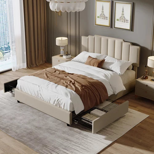 Queen Size Bed Frame, Linen Bed Frame with 2 Storage Drawers and Headboard, Queen Upholstered Platform Bed with Rivet Curved, Adjustable Headboard/Strong Wooden Slats/Easy Assembly/Beige