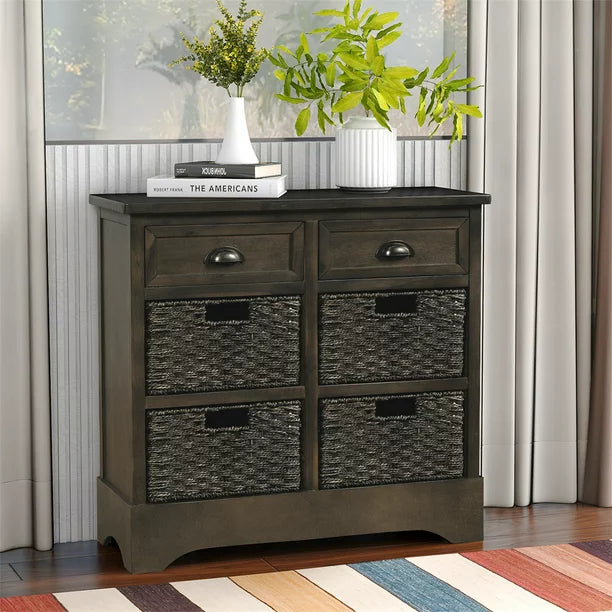 INCLAKE 28 Inch Storage Cabinet, Rustic Console Table with 2 Storage Drawers and 4 Rattan Baskets, Wood Entryway Cabinet for Living Room Dining Room Bedroom, No Assembly Required, Brown Gray
