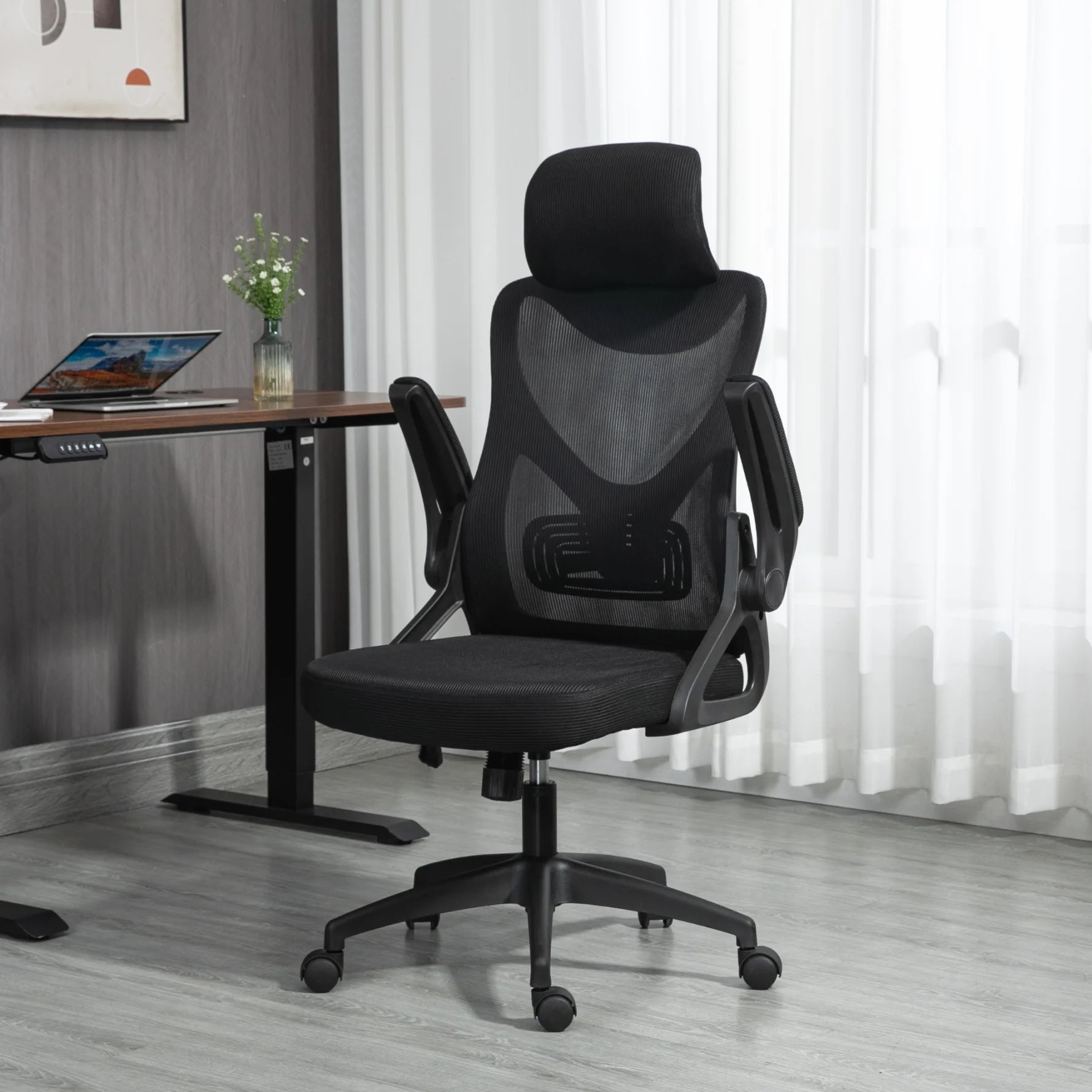 Ergonomic Office Chair, Desk Chair with Adjustable Height and Swivel Wheels, Home Mesh Computer Chair with Lumbar Support, Headrest and Armrest for Home, Study and Working, Black