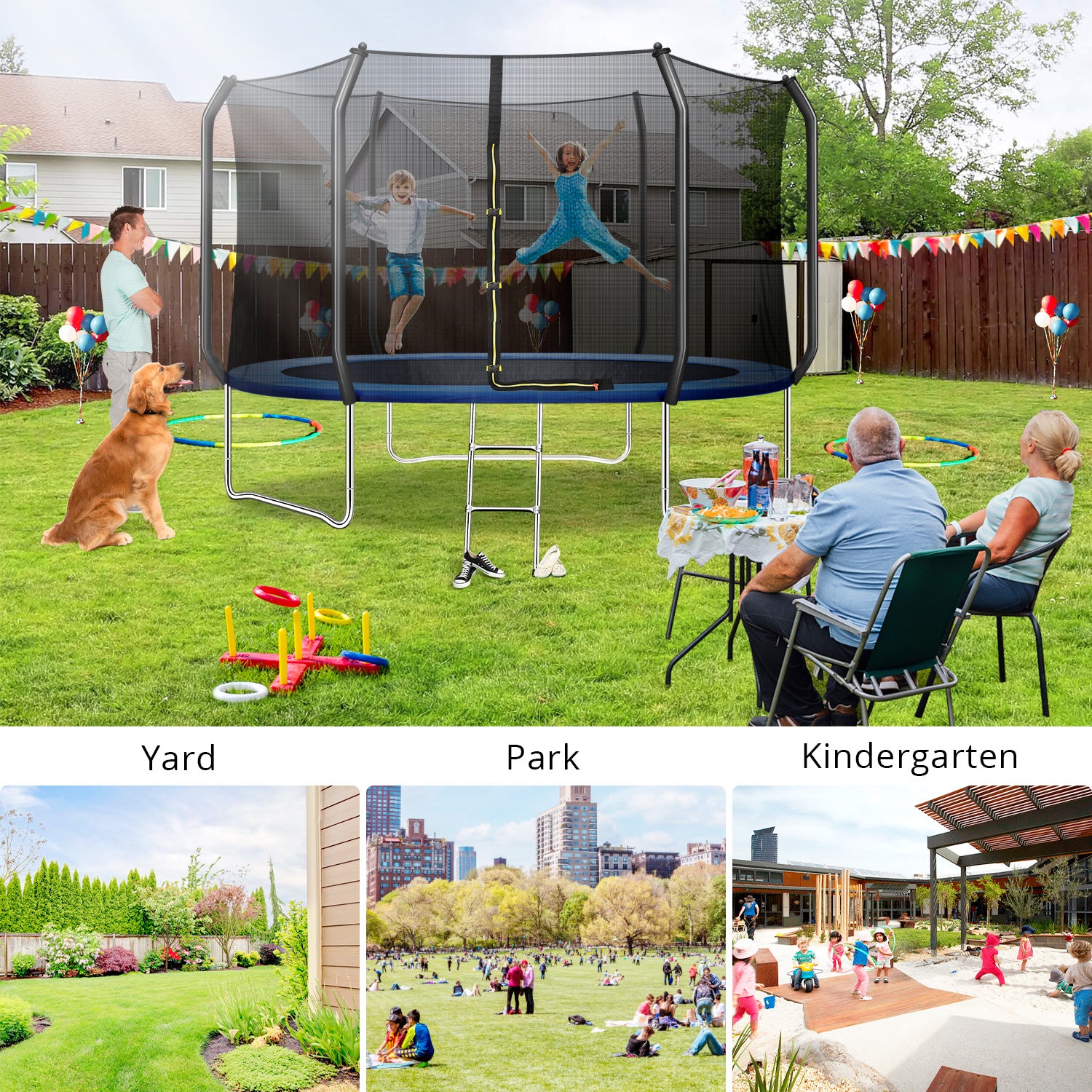 10FT Trampoline for Kids/Adult with Safe Enclosure Net, 660LBS Capacity for 3-4 Kids, Outdoor Fitness Trampoline with Waterproof Jump Mat and Ladder for Outdoor Garden Backyard Park Kindergarten