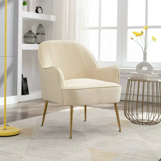 Accent Chair,Modern Ergonomics Soft Velvet Fabric Material Accent Chair With Gold Legs And Adjustable Feet Screws,Armchair For Indoor Home Living Room, Cream White