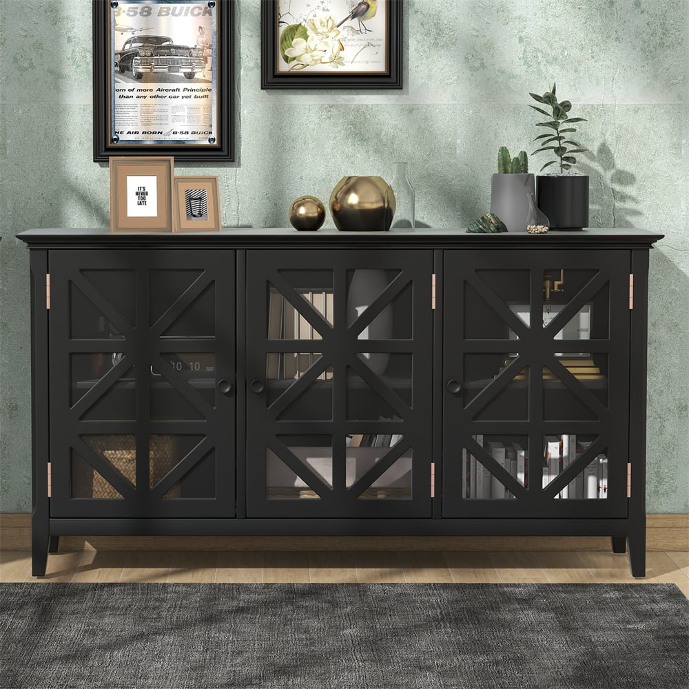 62.2" Accent Storage Cabinet, Modern Console Table Buffet Sideboard with 3 Hollow-out Doors and Adjustable Shelves, Entryway Cupboard with Wood Legs and Metal Handles for Living Room Kitchen, Black