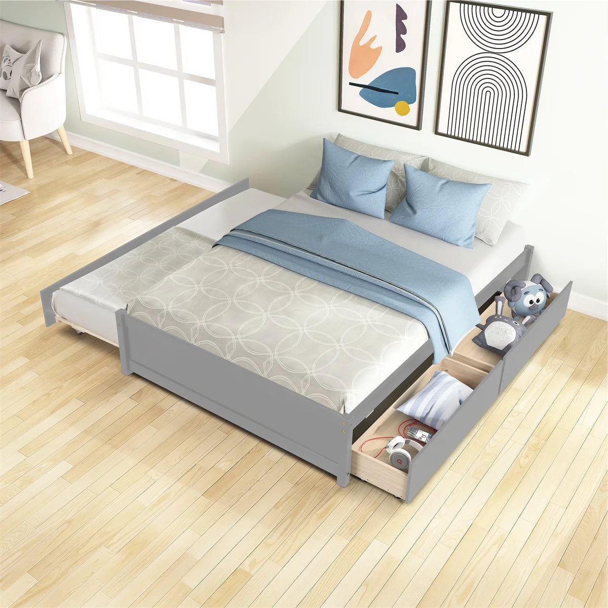 Full Platform Bed with Twin Size Trundle, Full Size Bed with Two Drawers for Kids and Adults, Solid Pine Wood Upholstered Bed Frame with Slats for Bedroom Living Room, No Box Spring Needed, Gray