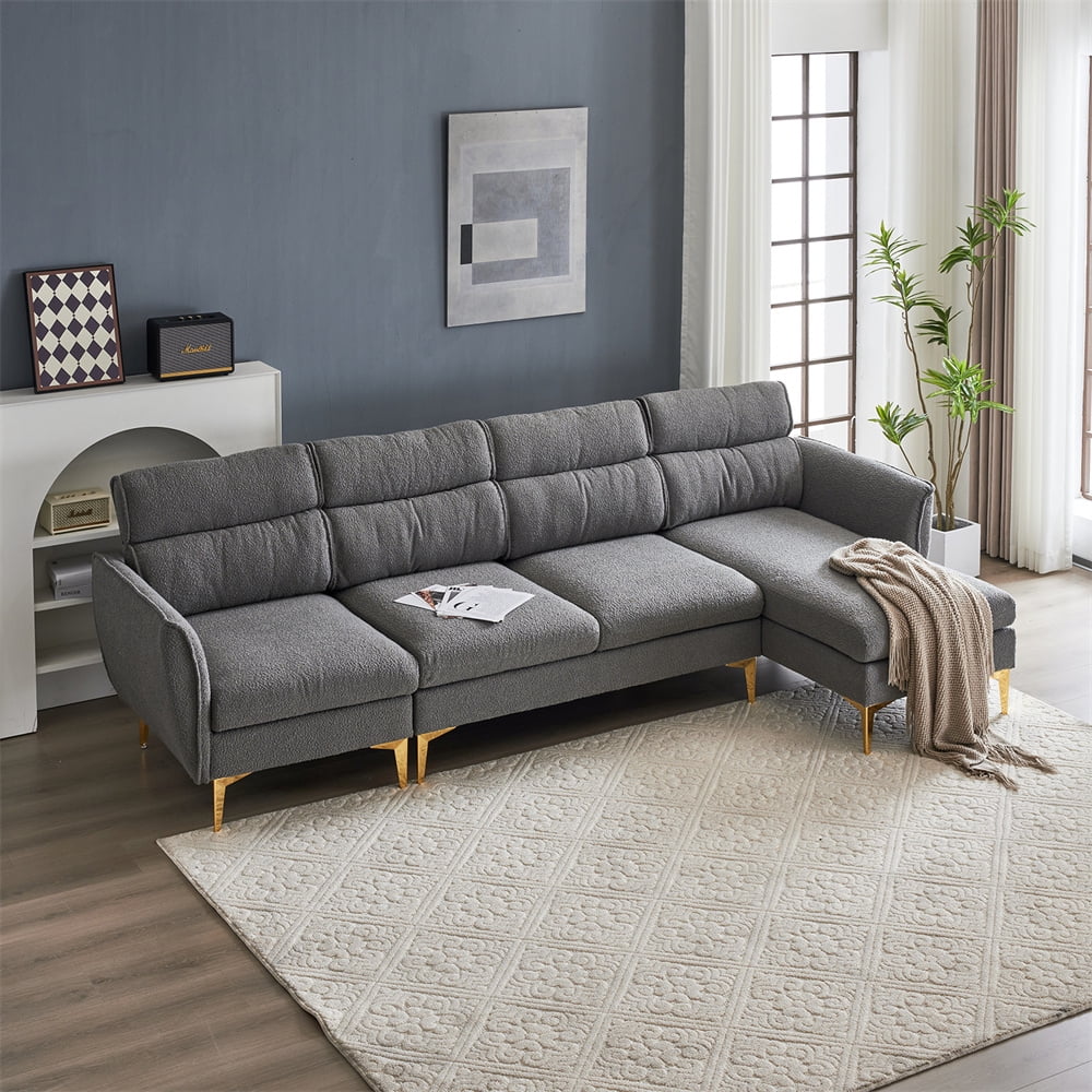 112" Convertible Sectional Sofa Couch, Modern Boucle Yarn Fabric L Shaped Couch with Reversible Chaise, 4-Seat Sectional Sleeper Sofa for Living Room Apartment Office, Light Gray