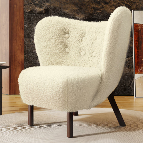 Modern Accent Chair with Wingback, Lambskin Sherpa Tufted Side Chair with Solid Wood Legs, Comfy Leisure Single Sofa Chair with Thicked Upholstered, Velvet Armchair for Bedroom Living Room, Cream