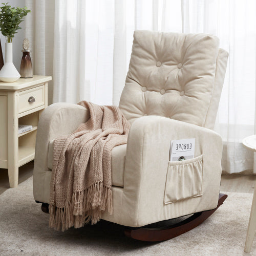 High Back Rocking Chair, Nursery Chair with Side Pocket, Linen Fabric Single sofa Chair, Lazy Sofa Balcony Reclining Chair, Padded Armchair, for Living Room,Bedroom,Office,Beige