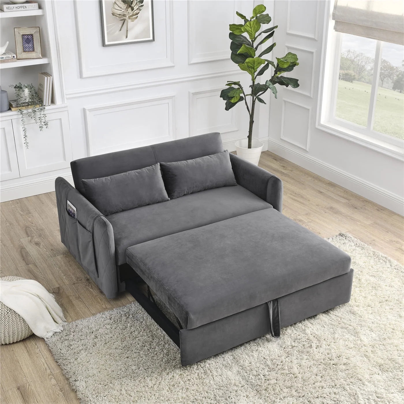 55" Convertible Sleeper Sofa Bed with 2 Pillows and 2 Detachable Pockets, Modern Velvet Upholstered Loveseat Sofa Couch with Pull Out Bed and Adjustable Backrest for Living Room Office, Grey