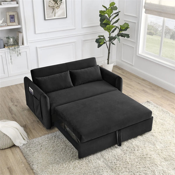 55" Convertible Sleeper Sofa Bed with 2 Pillows and 2 Detachable Pockets, Modern Velvet Upholstered Loveseat Sofa Couch with Pull Out Bed and Adjustable Backrest for Living Room Office, Black