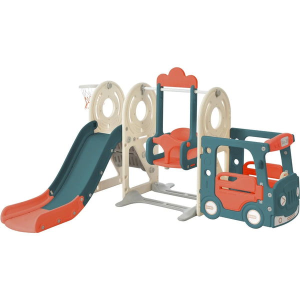 5 in 1 Toddler Bus Slide and Swing Set, Children Large Playground Climber Slide Playset with Swing, Climber, Basketball Hoop, Playground Bus Slide Set for Indoor Outdoor, Red