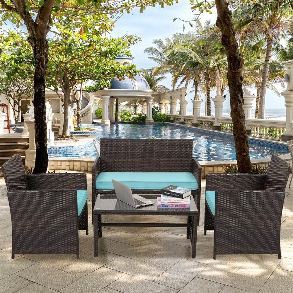 4 Pieces Outdoor Wicker Furniture Sets, PE Rattan Patio Furniture Conversation Sets with Soft Cushions, Table with Glass Tabletop for Lawn, Garden, Backyard, Teal