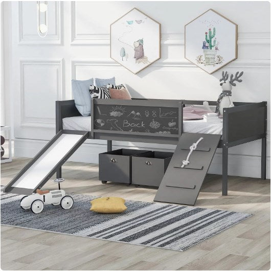 Low Loft Bed with Slide and Two Storage Boxes, Chalkboard, Wood Twin Size Loft Bed with Climbing Frame and Rope (Gray, Loft Bed)