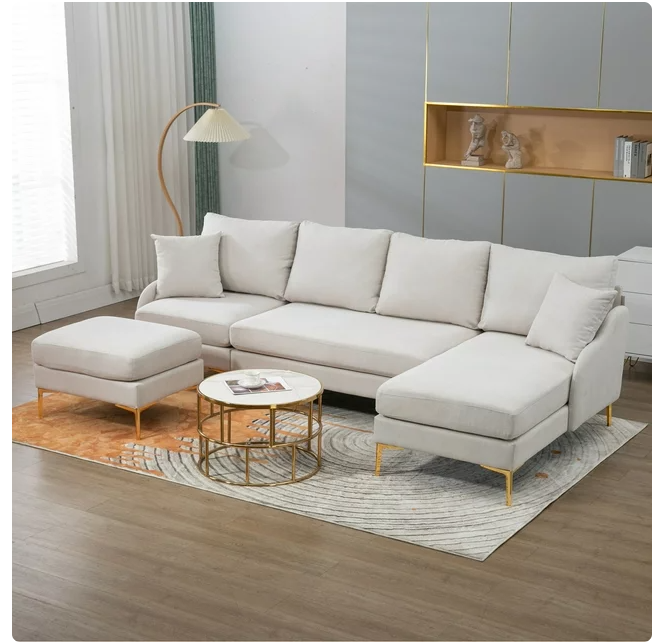 Modern 110'' W U-Shape Sectional Sofa, 4-Seat Sofa Couch with Chaise Lounge and Ottoman, Reversible Left or Right Chaise, Modular Sofa with Golden Metal Legs for Living Room Apartment Office, Beige