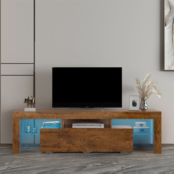 LED TV Stand for 55/60 Inch TV, Entertainment Center TV Stand with Storage Drawer, Wood TV Stand Media Console Table for Living Room Bedroom, Walnut
