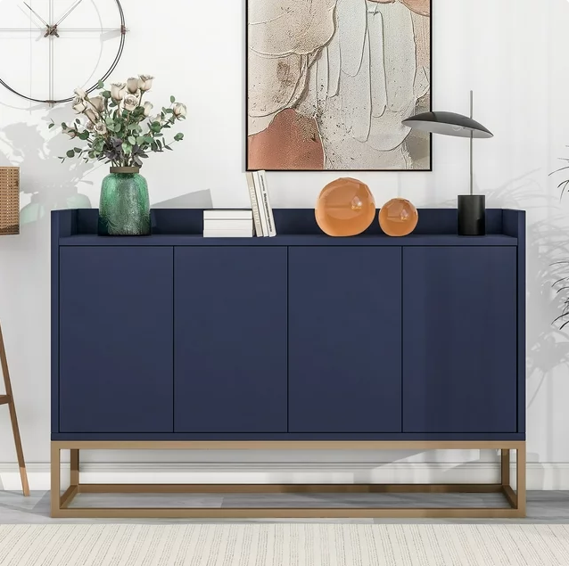 47" Modern Storage Cabinet, Console Table Sideboard Buffet Cabinet with 4 Doors & Gold Metal Base,Entryway Cupboard Furniture, Laundry Room Cabinet for Living Room,Dining Room,Kitchen, Navy