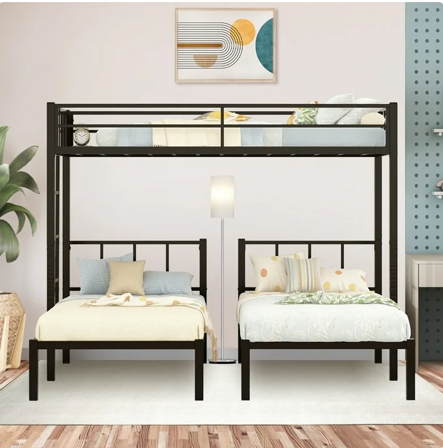 Triple Bunk Bed for 3, Twin over Twin & Twin Bunk Bed with Ladder and Shelf, Can be divided into 3 Beds, Metal Bunk Bed Frame with Safety Rail & Slats Support, No Box Spring Needed, Black