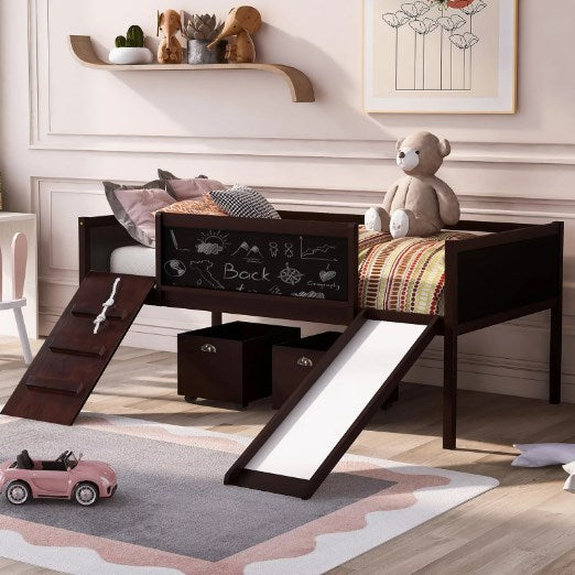 Low Loft Bed with Slide and Two Storage Boxes, Chalkboard, Wood Twin Size Loft Bed with Climbing Frame and Rope (Espresso, Loft Bed)