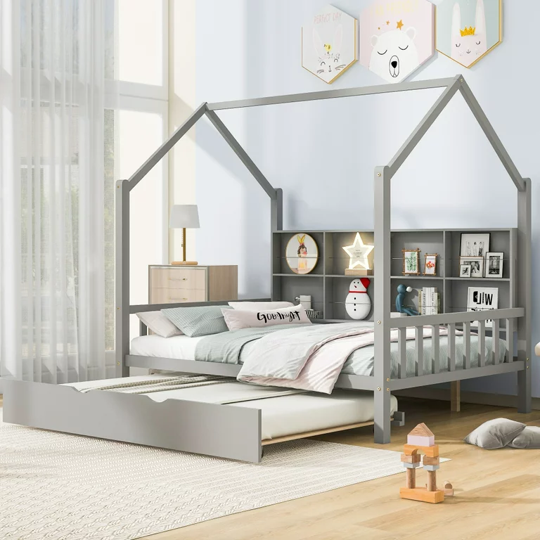 Full Size House Bed with Trundle, Wooden Platform Bed Frame with Storage Bookcases, Headboard & Footboard, Multifunctional Tent Bed for Kids Boys Girls Bedroom, No Box Spring Needed, Grey