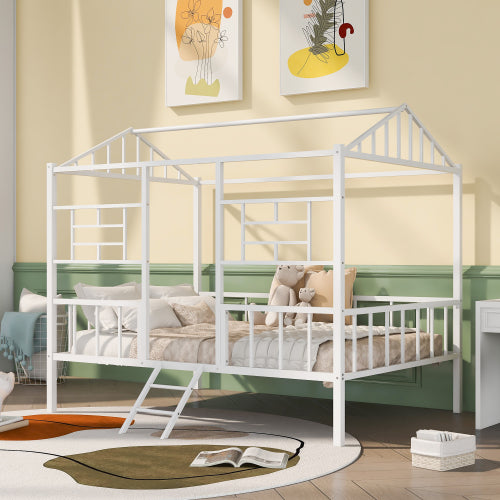 Metal House Bed Frame, Full Size Low Loft Bed with Roof and Fence, Sturdy Metal Platform Bed with Slat Support and Ladder, Playhouse Bed Floor Bed for Kids Teens Adults, No Box Spring Needed
