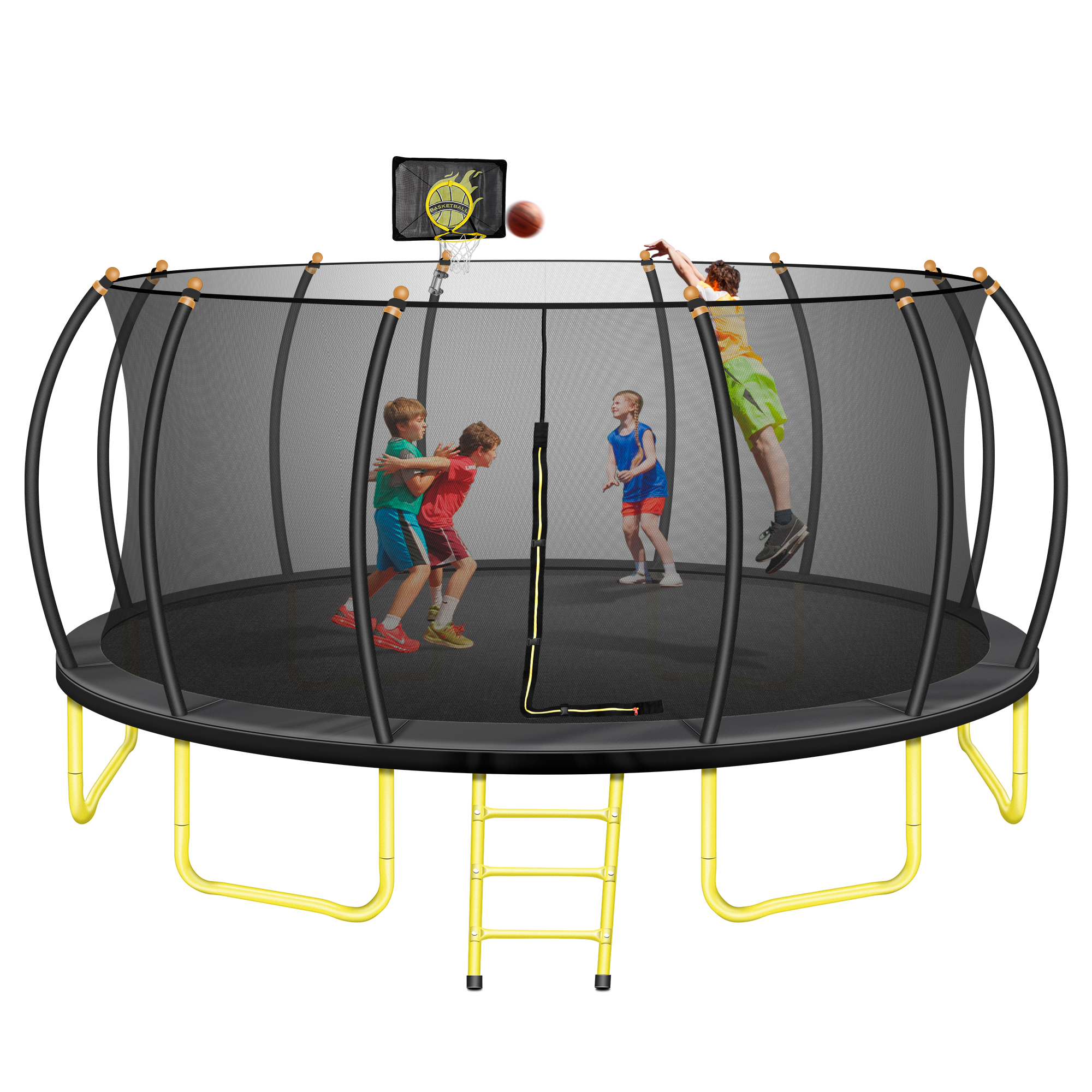 16FT Outdoor Trampoline, Recreational Trampolines with No Screws Installation Frame& Three-Step Stairs for Kids, Adults, 1100 Heavy Duty Support