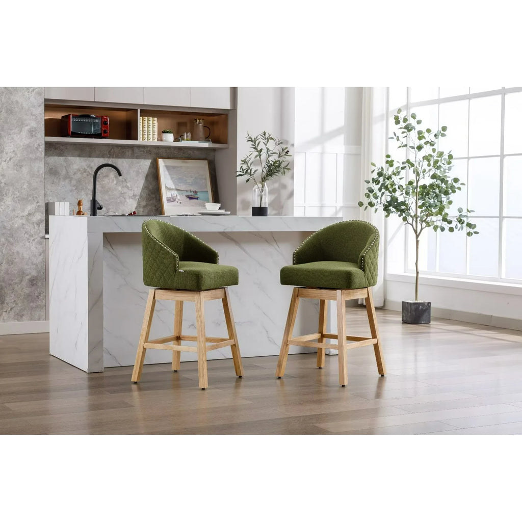 Set Of 2 Bar Stools – 26 Inch Swivel Chairs With Linen Upholstery, Woven Back, Black Metal Legs, Kitchen Island Height