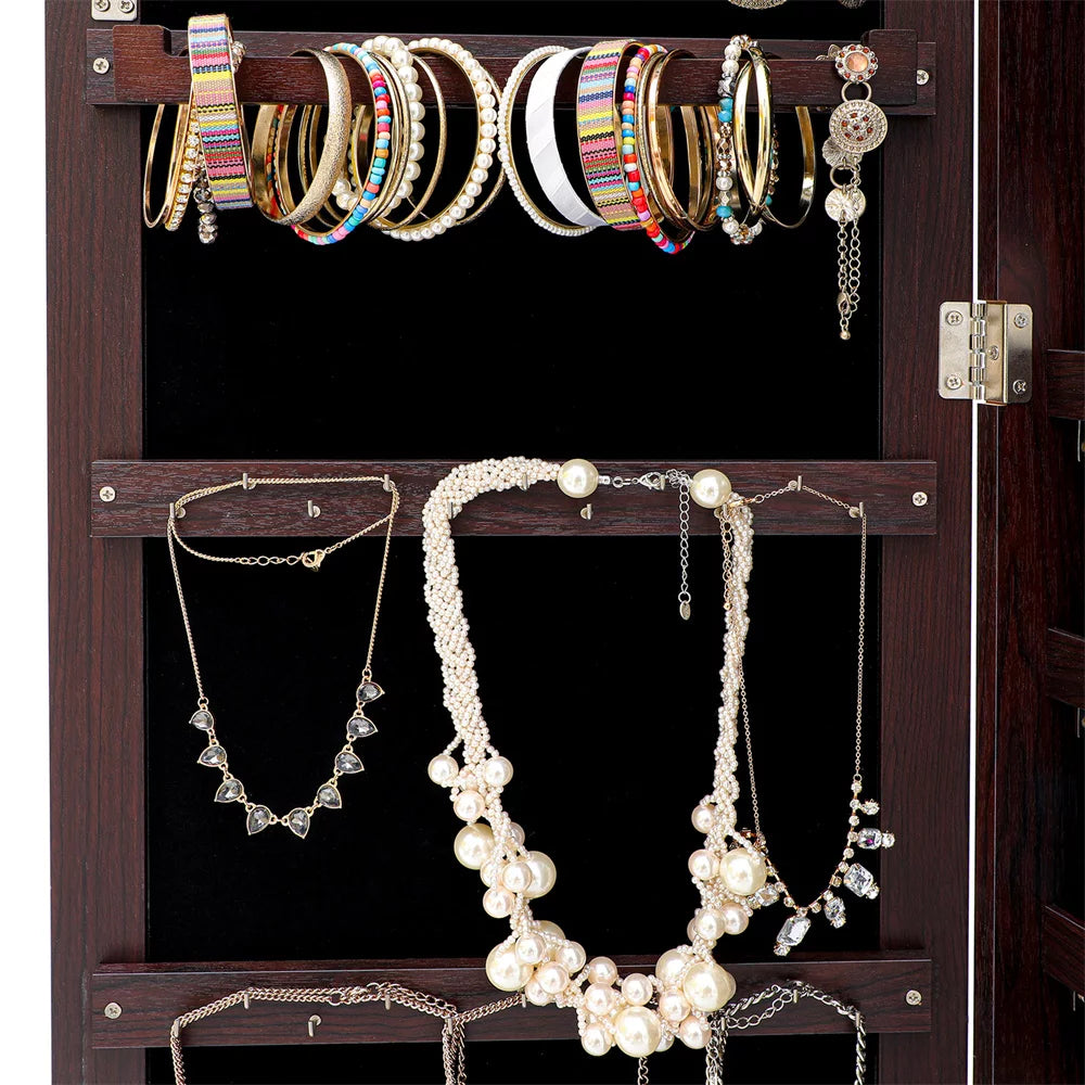 Jewelry Mirror Cabinet with LED Lights, Full Length Jewelry Organizer Armoire with 22 Hooks, 2 Cubes, 4 Lined Shelves & Rod, Lockable Storage Cabinet Can Be Hung On The Door Or Wall for Bedroom, Brown