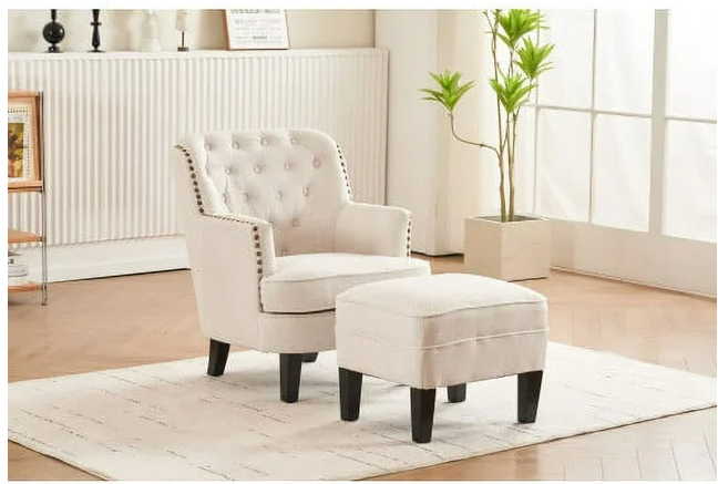 Accent Chair with Ottoman,Upholstered Sofa Chair and Foot Stool Set,Linen Reading Chair with Nail Head Trim,Tufted Arm Chair with Solid Wood Legs,for Living room Bedroom Office,Beige