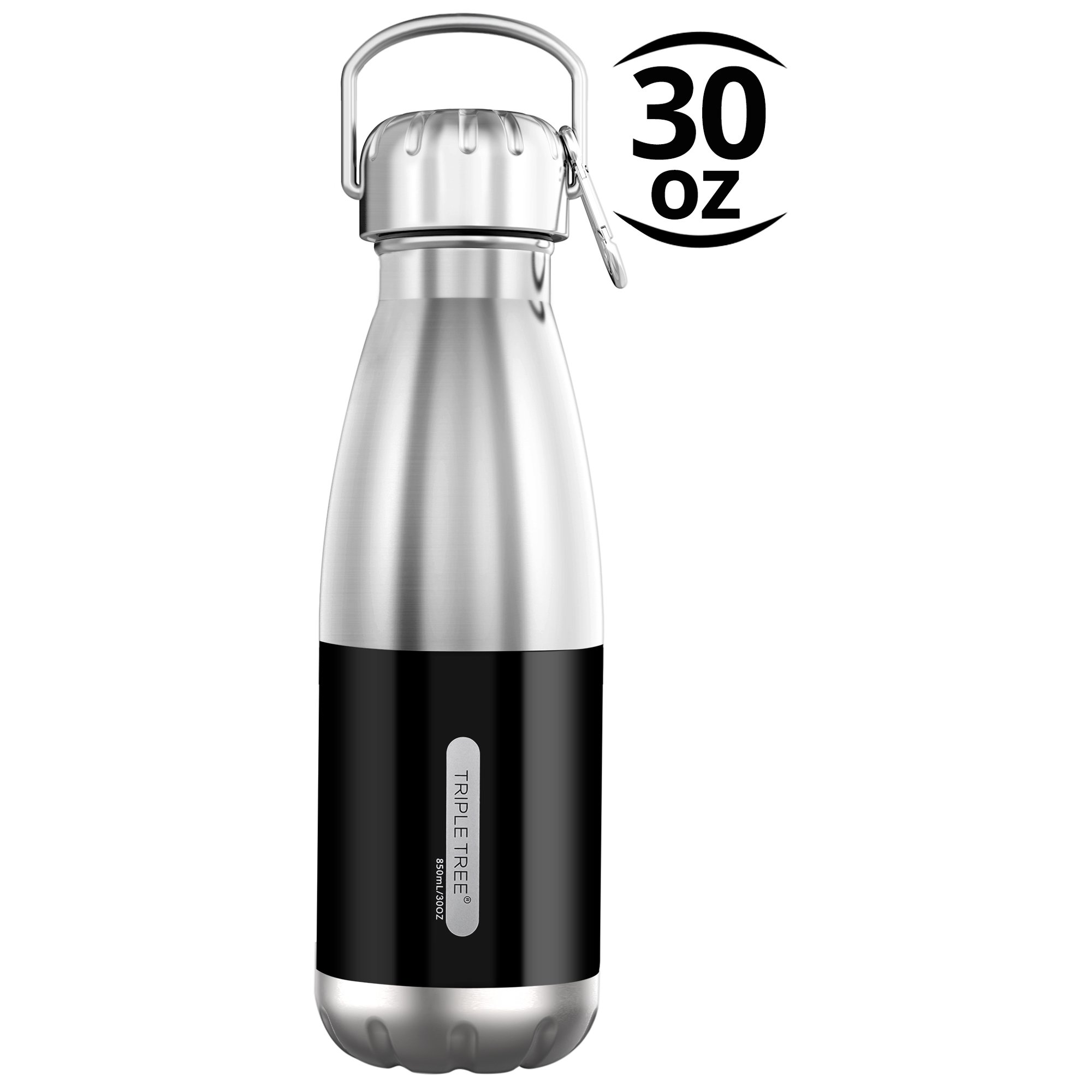 Triple Tree 30 oz Black and Silver Solid Print Double Wall Vacuum Insulated Stainless Steel Water Bottle with Screw Cap