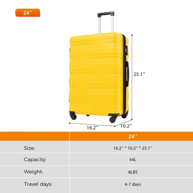 24” Hardshell Luggage, Modern Lightweight Suitcase with 360 Degree Spinner Wheels, TSA Lock, Side Bumper Feet, Expandable ABS Single Luggage for Travel and Storage, Yellow