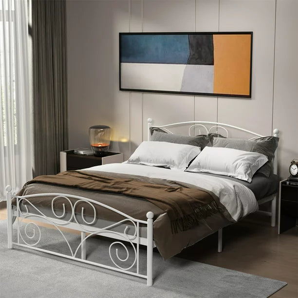 Platform Bed, Full Size Metal Platform Bed Frame with Headboard and Footboard, Indoor Mattress Foundation with Large Under Bed Space and Slat Support, No Box Spring Needed, White A