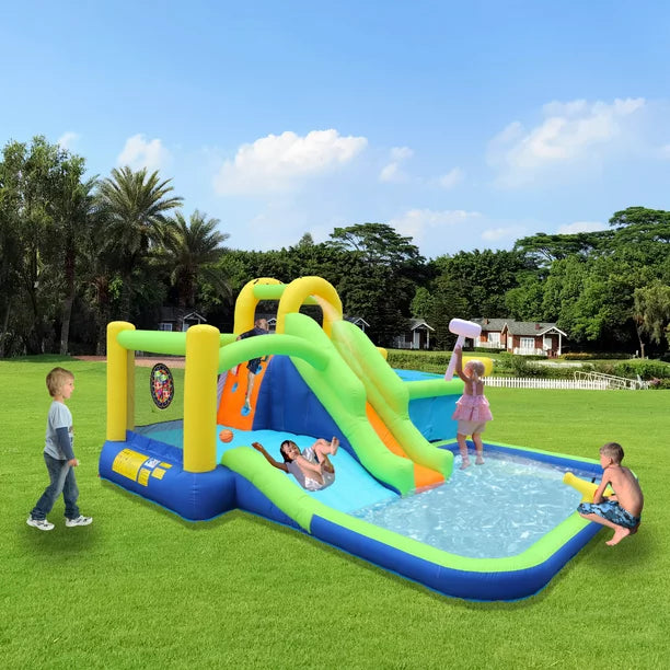 7 in1 Inflatable Slide Water Park Bouncing House, Outdoor Garden Bouncer with Whack a Mole Games & Splash Pool & Target Games & Climbing Wall & Basketball, Maximum Weight Capacity of 400lbs