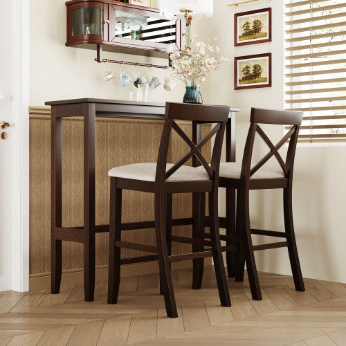 Dining Table Set for 2, 48" Kitchen Table and 2 Upholstered Dining Chairs,Rectangular Solid Wood Bar Table with 2 barstools, Bistro Set for 2, for Pub Bistro,Kitchen Dining Room,Walnut