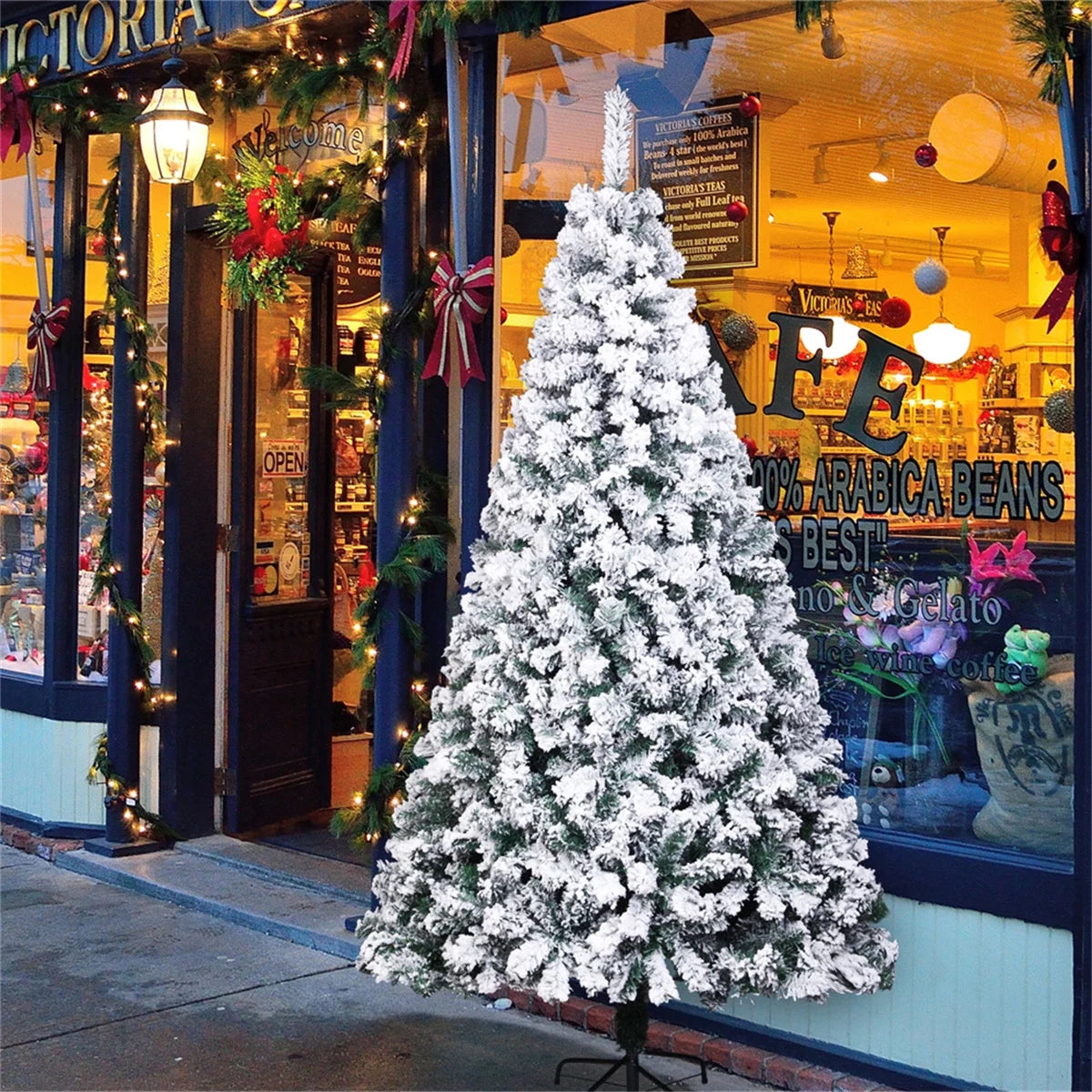 7 FT Flocking Christmas Tree, White Flocking PVC Artificial Hinged Christmas Decor Tree, 1300 Branches Spread Out Naturally Tree with Metal Base, Indoor Xmas Decoration for Home Office Party Holiday