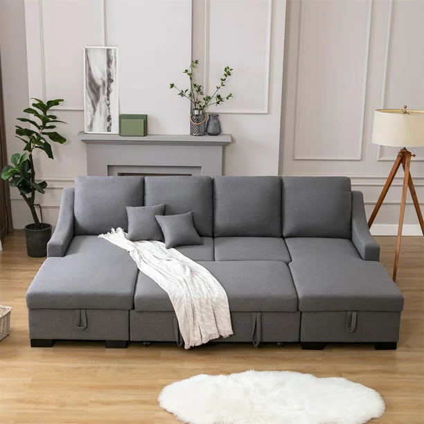 U-Shape Convertible Modular Sofa,Sectional Sleeper Sofa with Pulled Out Bed,103.5" Living Room Couch with Double Storage Spaces and 2 Tossing Cushions,6-Seater Sectional Sofa for Living Room,Grey