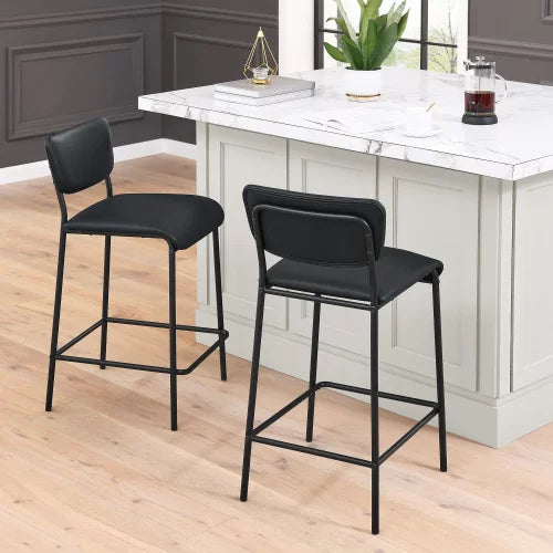 Bar Stools Set of 2, Modern PU Faux Leather Upholstered Counter Height Chairs with Metal Footrest and Mid-hollow Backrest, Pub Counter Stools for Kitchen Island Restaurants Bars, Black