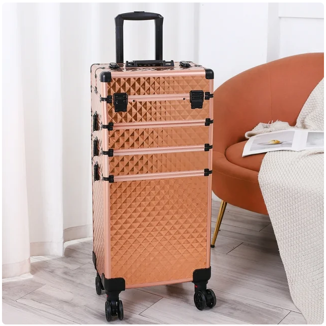 Draw-Bar Style Aluminum Rolling Makeup Case, 4-in-1 Large Capacity Trolley Makeup Travel Case with Locks & Swivel Wheels, Portable Cosmetic Case, Salon Barber Case Traveling Cart Trunk, Rose Gold