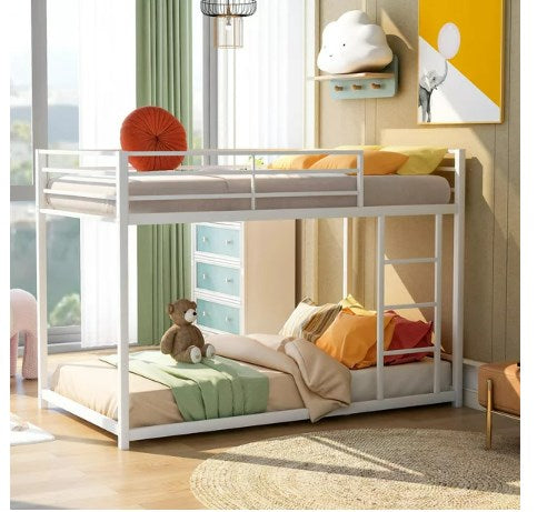 Twin Over Twin Low Bunk Bed for Kids Teens Adults, Metal Bunk Bed Frame with Ladder and Safety Guardrails, Load-Bearing 350lb, Noise Free, White 77.1''Lx40.9''Wx53.7''H