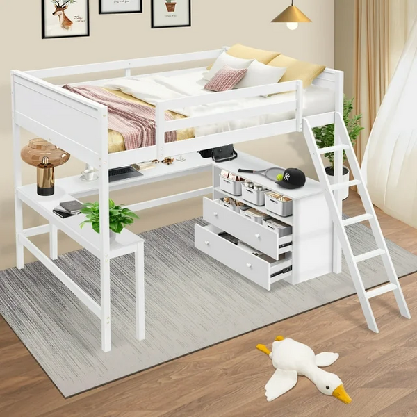 Full Size Loft Bed with Built-in Desk and 2 Drawers, Wooden Loft Bed Frame with Ladder and Guardrail Storage Loft Bed for Kids Teens Adults,White
