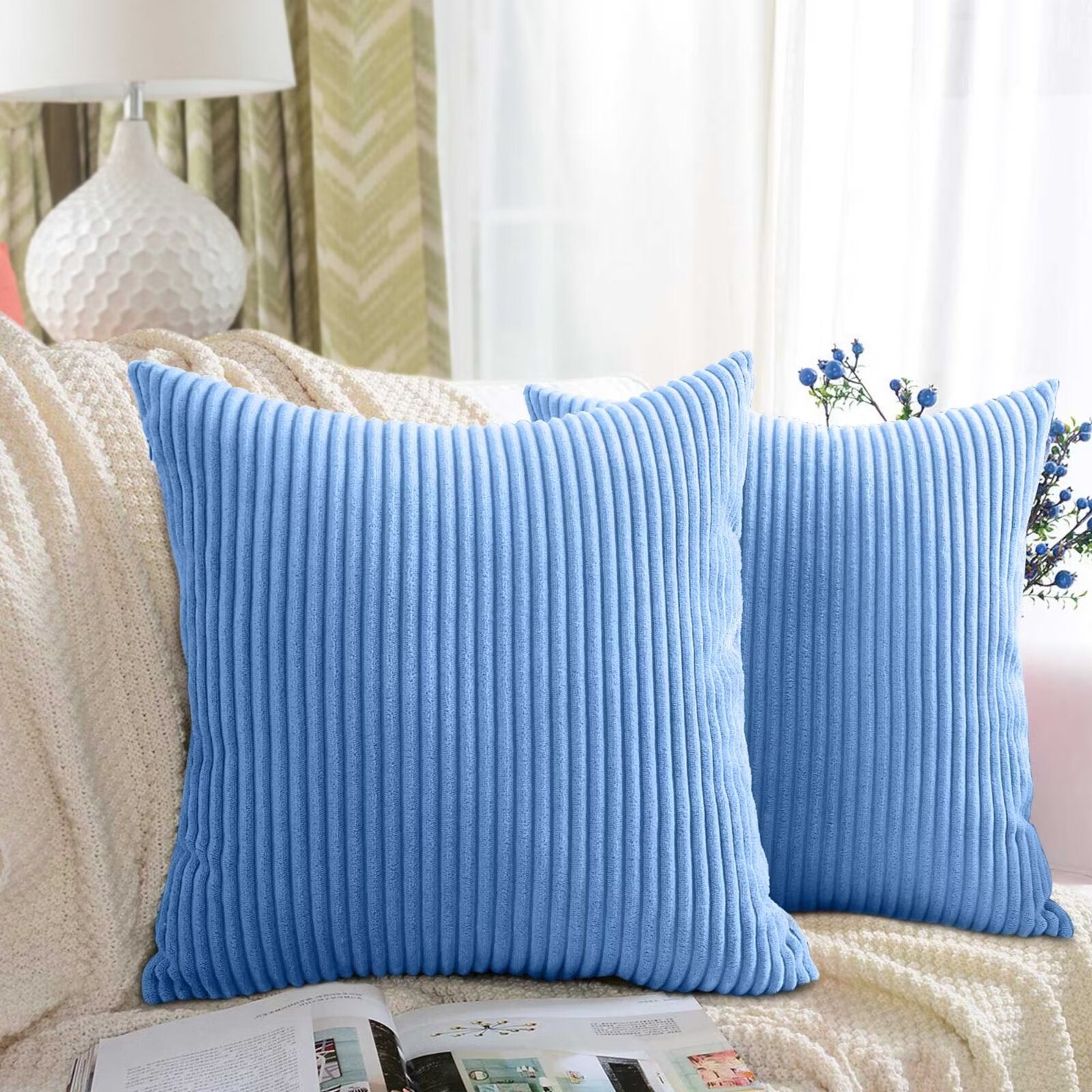 Pack of 2 Soft Corduroy Velvet Pillow Covers, 18x18 Inch Striped Square Boho Throw Pillowcases, Modern Farmhouse Home Decor for Sofa Living Room Couch Bed, Blue