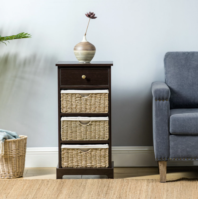 Home Collection Wicker Storage Cabinet With 1 Drawer and 3 Removable Woven Baskets, Rustic Storage Cabinet Bathroom Cabinet Storage Organizer Unit for Living Room Bedroom Entryway, Walnut